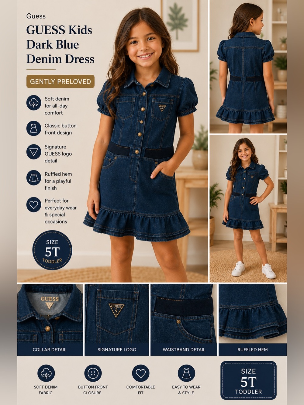 GUESS Kids Dark Blue Denim Dress 5T - Picture 1 of 7